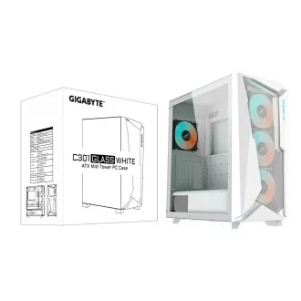Carcasă GIGABYTE GB-C301GW, hub ARGB, panou lateral transparent, Mid-tower, 4 ventilatoare ARGB, albă