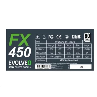 EVOLVEO FX 450, sursă de alimentare ATX de 450 W, 14 cm, silențioasă, 80+ Alb, garanție 3 ani, negru