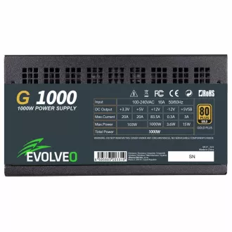 EVOLVEO G1000, sursă de alimentare 1000W, 80+ GOLD, ATX 3.1, aPFC, ventilator 140 mm, complet modulară, garanție 3 ani, negru