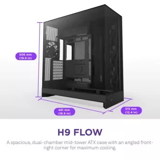 Carcasă ATX NZXT H9 Flow cu două camere / 4 ventilatoare de 140 mm / până la 10 ventilatoare / partea superioară perforată / laterale din sticlă, față / negru