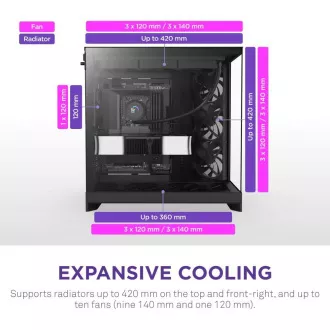 Carcasă ATX NZXT H9 Flow cu două camere / 4 ventilatoare de 140 mm / până la 10 ventilatoare / partea superioară perforată / laterale din sticlă, față / negru