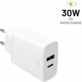 Încărcător fix, conector USB-C + USB-A, suport PD, 30 W, alb