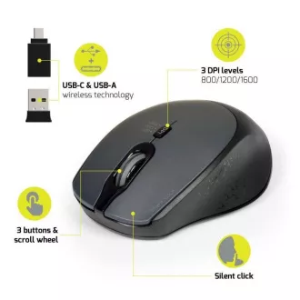 Mouse fără fir PORT SILENT, cheie USB-A/USB-C, 2,4 Ghz, 1600 DPI, negru
