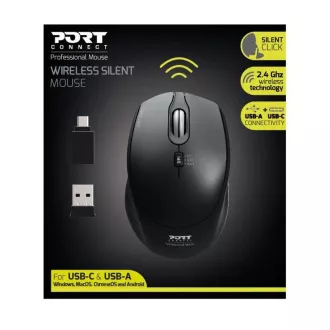 Mouse fără fir PORT SILENT, cheie USB-A/USB-C, 2,4 Ghz, 1600 DPI, negru