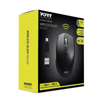 Mouse fără fir PORT SILENT, cheie USB-A/USB-C, 2,4 Ghz, 1600 DPI, negru