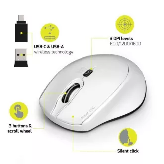 Mouse fără fir PORT SILENT, cheie USB-A/USB-C, 2,4 Ghz, 1600 DPI, alb