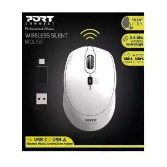 Mouse fără fir PORT SILENT, cheie USB-A/USB-C, 2,4 Ghz, 1600 DPI, alb