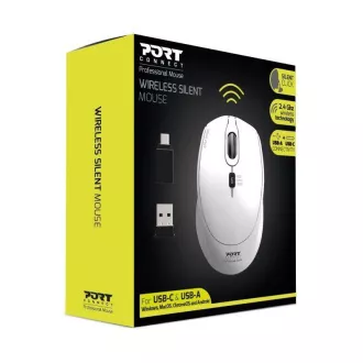 Mouse fără fir PORT SILENT, cheie USB-A/USB-C, 2,4 Ghz, 1600 DPI, alb