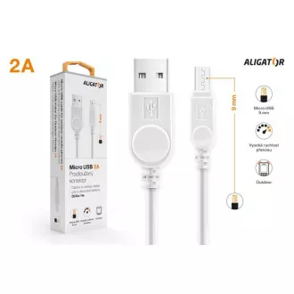 Cablu de date ALIGATOR cu conector microUSB extins, 2A, alb