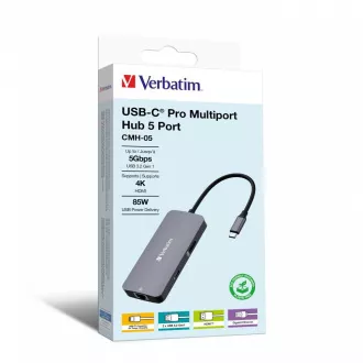 Hub VERBATIM USB-C Pro Multiport 5 porturi, 2x USB 3.2, 1x USB-C, HDMI, RJ45, gri