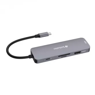 Hub VERBATIM USB-C Pro Multiport 8 porturi, 3x USB 3.2, 1x USB-C, 2xHDMI, microSD/SD, gri