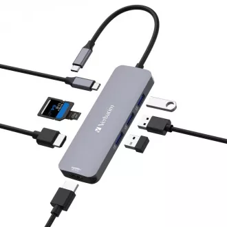 Hub VERBATIM USB-C Pro Multiport 8 porturi, 3x USB 3.2, 1x USB-C, 2xHDMI, microSD/SD, gri