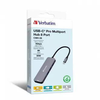 Hub VERBATIM USB-C Pro Multiport 8 porturi, 3x USB 3.2, 1x USB-C, 2xHDMI, microSD/SD, gri