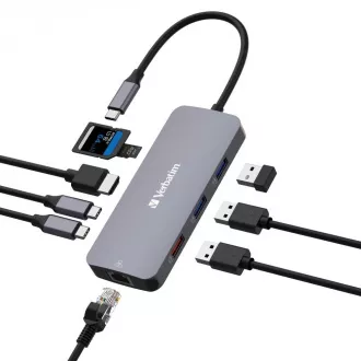 VERBATIM Hub USB-C Pro Multiport 9 porturi, 3x USB 3.2, 2x USB-C, HDMI, RJ45, microSD/SD, gri VERBATIM Hub USB-C Pro Multiport 9 porturi, 3x USB 3.2, 2x USB-C, HDMI, RJ45, microSD/SD, gri