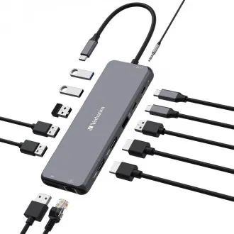 VERBATIM Hub USB-C Pro Multiport cu 13 porturi, 6x USB-A, 2x USB-C, 2x HDMI, DP, RJ45, mufă audio de 3,5 mm, gri VERBATIM Hub USB-C Pro Multiport cu 13 porturi, 6x USB-A, 2x USB-C, 2x HDMI, DP, RJ45, mufă audio de 3,5 mm, gri