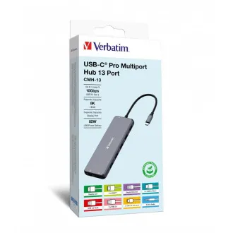 VERBATIM Hub USB-C Pro Multiport cu 13 porturi, 6x USB-A, 2x USB-C, 2x HDMI, DP, RJ45, mufă audio de 3,5 mm, gri VERBATIM Hub USB-C Pro Multiport cu 13 porturi, 6x USB-A, 2x USB-C, 2x HDMI, DP, RJ45, mufă audio de 3,5 mm, gri
