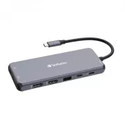 Hub VERBATIM USB-C Pro Multiport 14 porturi, 5x USB-A, 2x USB-C, 2x HDMI, 1xVGA, RJ45, mufă audio de 3,5 mm, microSD/SD, gri
