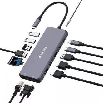 Hub VERBATIM USB-C Pro Multiport 14 porturi, 5x USB-A, 2x USB-C, 2x HDMI, 1xVGA, RJ45, mufă audio de 3,5 mm, microSD/SD, gri Hub VERBATIM USB-C Pro Multiport 14 porturi, 5x USB-A, 2x USB-C, 2x HDMI, 1xVGA, RJ45, mufă audio de 3,5 mm, microSD/SD, gri
