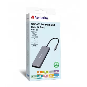 Hub VERBATIM USB-C Pro Multiport 14 porturi, 5x USB-A, 2x USB-C, 2x HDMI, 1xVGA, RJ45, mufă audio de 3,5 mm, microSD/SD, gri Hub VERBATIM USB-C Pro Multiport 14 porturi, 5x USB-A, 2x USB-C, 2x HDMI, 1xVGA, RJ45, mufă audio de 3,5 mm, microSD/SD, gri