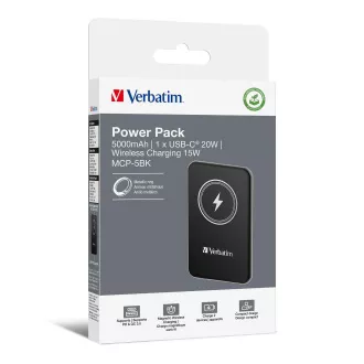 Baterie externă VERBATIM Charge 'n' Go, magnetică, 5000 mAh, USB-C, neagră