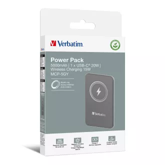 VERBATIM Power bank Charge 'n' Go, magnetic, 5000 mAh, USB-C, gri
