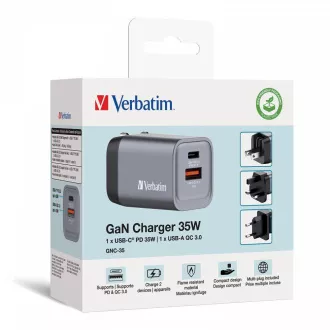 Încărcător de rețea VERBATIM GaN GNC-35, 35W, 1x USB-C, 1x USB Încărcător de rețea VERBATIM GaN GNC-35, 35W, 1x USB-C, 1x USB