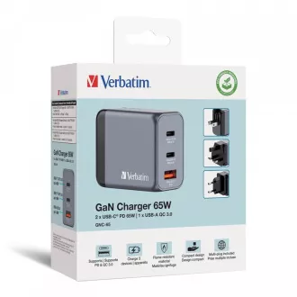 Încărcător de rețea VERBATIM GaN GNC-65, 65W, 2x USB-C, 1x USB Încărcător de rețea VERBATIM GaN GNC-65, 65W, 2x USB-C, 1x USB