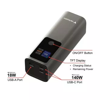 Baterie externă VERBATIM Charge 'n' Go, 27000 mAh, 2x USB-C 140W, 1x USB-A 18W, Gri