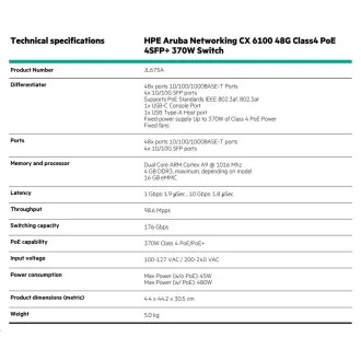Switch HPE Aruba Networking CX 6100 48G Clasa 4 PoE 4SFP+ 370W RENOVE JL675A