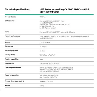 Switch HPE Aruba Networking CX 6000 24G Clasa 4 PoE 4SFP 370W RENOVE R8N87A
