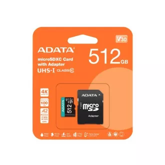Card ADATA MicroSDXC 512 GB Premier Pro UHS-I V30S (R:100/W:80 MB/s) + adaptor SD