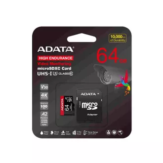 Card ADATA MicroSDXC 64 GB High Endurance UHS-I C10 V30 A2 (R:100/W:80 MB/s) + adaptor SD