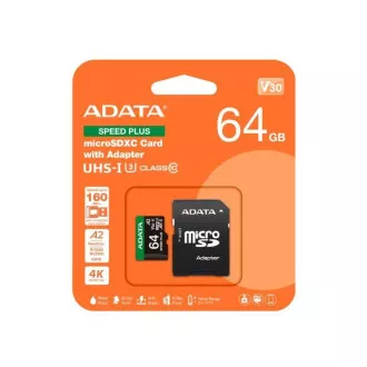 Card ADATA MicroSDXC 64GB Speed Plus, U3, C10, A2, V30 (R:160/W:140 MB/s) + adaptor SD