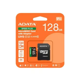 Card ADATA MicroSDXC 128GB Speed Plus, U3, C10, A2, V30 (R:180/W:160 MB/s) + adaptor SD