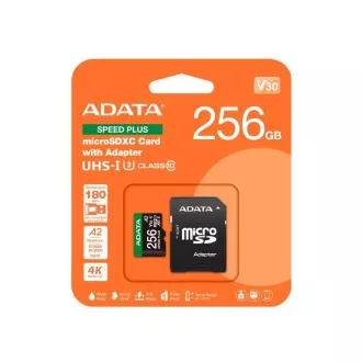 Card ADATA MicroSDXC 256 GB Speed Plus, U3, C10, A2, V30 (R:180/W:160 MB/s) + adaptor SD