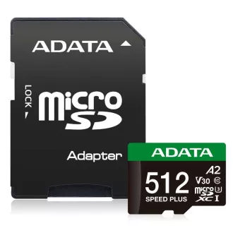Card ADATA MicroSDXC 512GB Speed Plus, U3, C10, A2, V30 (R:180/W:160 MB/s) + adaptor SD