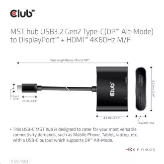 Hub Club3D MST (Multi Stream Transport) USB3.2 Gen2 Type-C (DP Alt-Mode) la DisplayPort + HDMI 4K60Hz (M/F) Hub Club3D MST (Multi Stream Transport) USB3.2 Gen2 Type-C (DP Alt-Mode) la DisplayPort + HDMI 4K60Hz (M/F)