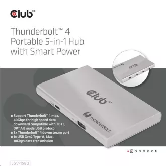 Club3D hubThunderbolt 4 Hub portabil 5-în-1 cu putere inteligentă
