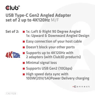 Set de 2 adaptoare unghiulare Club3D USB-C Gen2, 4K120Hz, 240W, (M/F)