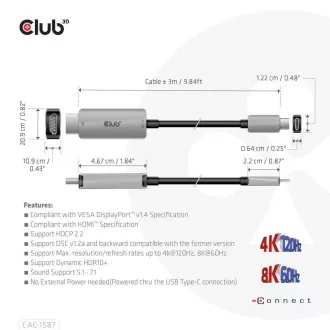 Cablu Club3D USB-C la HDMI, 4K120Hz 8K60Hz HDR10 cu DSC1.2, cablu activ, M/M, 3m Cablu Club3D USB-C la HDMI, 4K120Hz 8K60Hz HDR10 cu DSC1.2, cablu activ, M/M, 3m