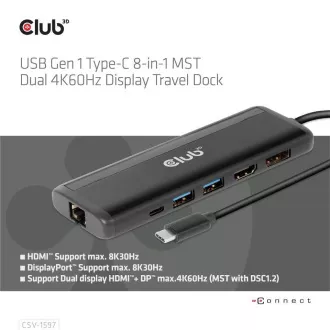 Stație de andocare Club 3D USB-C 8-în-1, 1xDP, 1xHDMI, 1xUSB-C PD100W, 2xUSB, cititor de carduri SD, gri