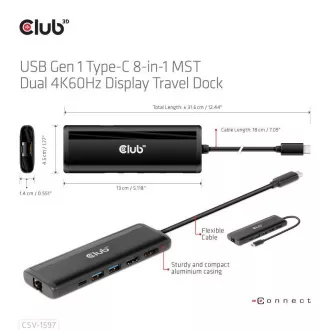 Stație de andocare Club 3D USB-C 8-în-1, 1xDP, 1xHDMI, 1xUSB-C PD100W, 2xUSB, cititor de carduri SD, gri