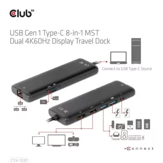 Stație de andocare Club 3D USB-C 8-în-1, 1xDP, 1xHDMI, 1xUSB-C PD100W, 2xUSB, cititor de carduri SD, gri