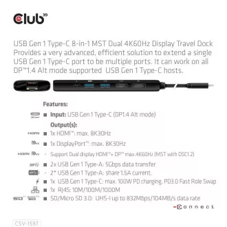 Stație de andocare Club 3D USB-C 8-în-1, 1xDP, 1xHDMI, 1xUSB-C PD100W, 2xUSB, cititor de carduri SD, gri