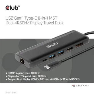 Stație de andocare Club 3D USB-C 8-în-1, 1xDP, 1xHDMI, 1xUSB-C PD100W, 2xUSB, cititor de carduri SD, gri Stație de andocare Club 3D USB-C 8-în-1, 1xDP, 1xHDMI, 1xUSB-C PD100W, 2xUSB, cititor de carduri SD, gri