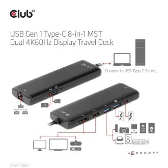 Stație de andocare Club 3D USB-C 8-în-1, 1xDP, 1xHDMI, 1xUSB-C PD100W, 2xUSB, cititor de carduri SD, gri Stație de andocare Club 3D USB-C 8-în-1, 1xDP, 1xHDMI, 1xUSB-C PD100W, 2xUSB, cititor de carduri SD, gri