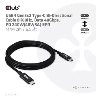 Cablu Club3D USB4 Gen3x2 Tip C Cablu cu două fețe 8K60Hz, date 40 Gbps, PD 240W(48V/5A) EPR M/M 2m