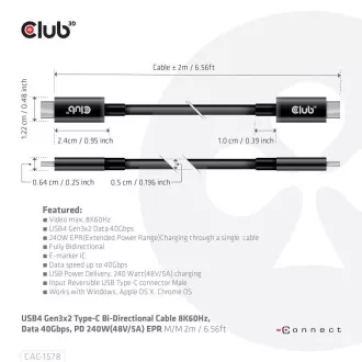 Cablu Club3D USB4 Gen3x2 Tip C Cablu cu două fețe 8K60Hz, date 40 Gbps, PD 240W(48V/5A) EPR M/M 2m