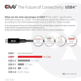 Cablu Club3D USB4 Gen3x2 Tip C Cablu cu două fețe 8K60Hz, date 40 Gbps, PD 240W(48V/5A) EPR M/M 2m