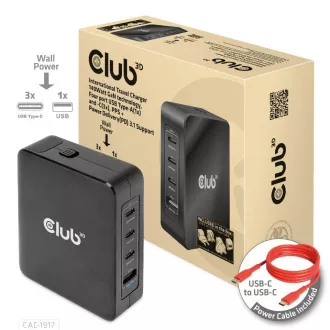 Încărcător de călătorie Club3D 140W tehnologie GaN, 3xUSB-C, 1xUSB-A, suport PPS + PD 3.1
